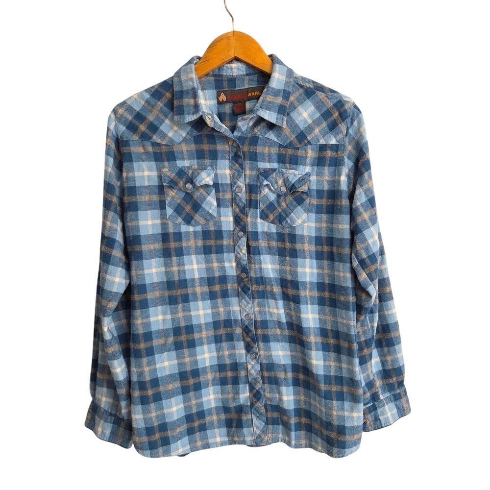 AMERICAWARE blue and grey plaid snap button down flannel men's size XXL